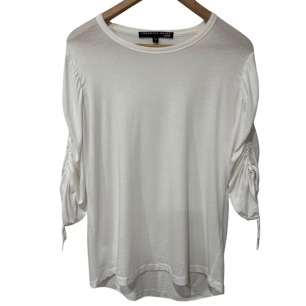 Veronica Beard Waldorf Pima Cotton Tee Large White Adjustable Ruched Tie Sleeves